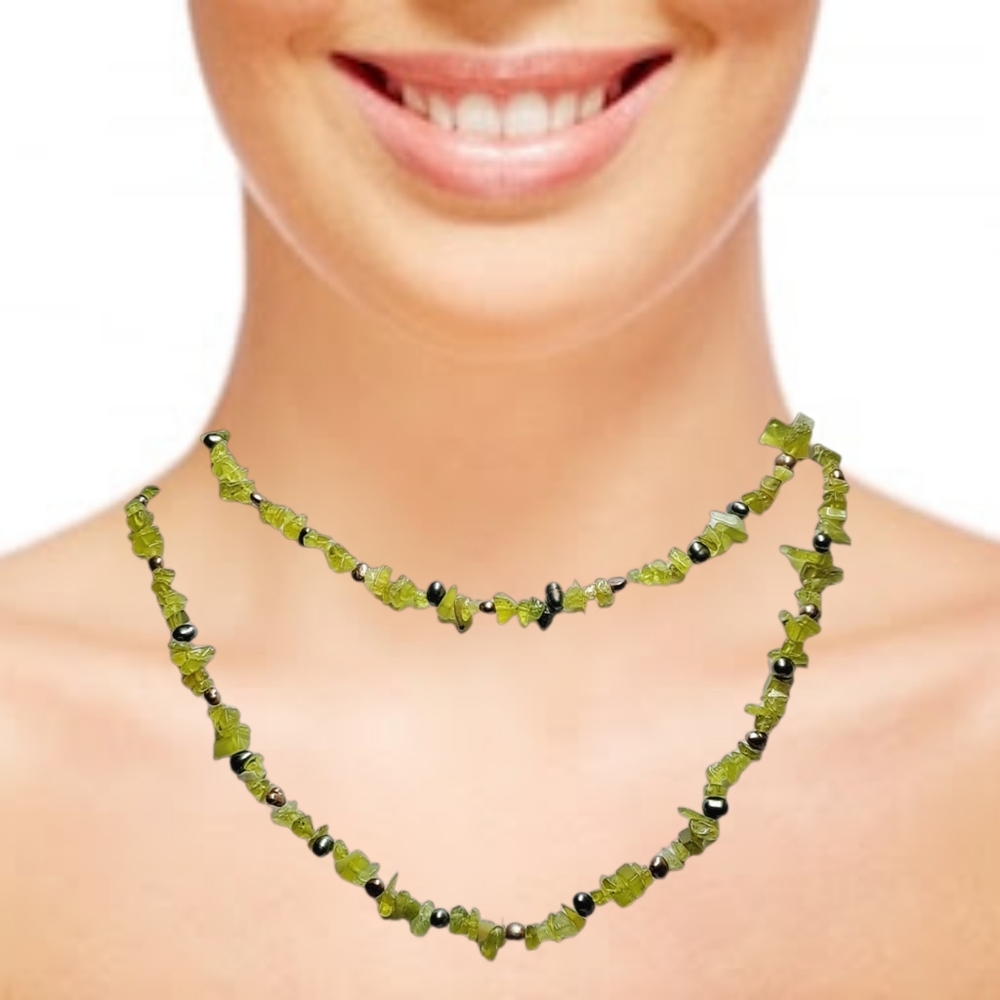 Uncut Peridot Chip Beads Infinity Necklace 38” Natural Gemstone